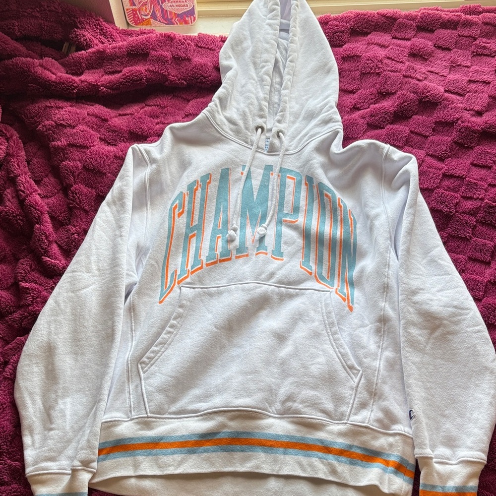 Champion White Hoodie with Blue and Orange Stripes